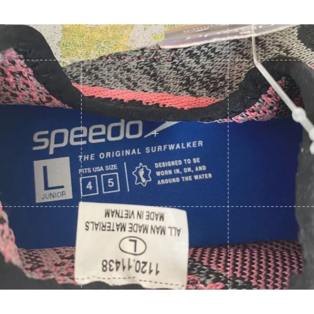 Speedo Surfwalker Water Shoes Junior L 4/5 Gray Pink Slip On Swim Beach NWT